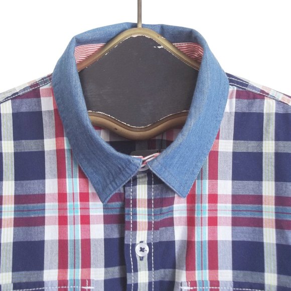 HENUS EDWIN 95 Plaid Chambray Sleeve Collar Button Down Front Cotton Shirt M NWT - Picture 3 of 7